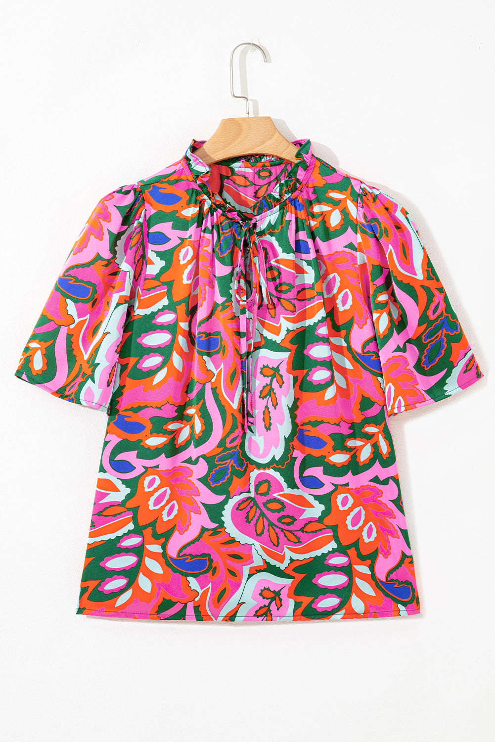 Rose Summer Plant Print Lace up V-Neck Short Sleeve Blouse