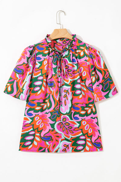 Rose Summer Plant Print Lace up V-Neck Short Sleeve Blouse
