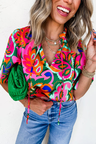 Rose Summer Plant Print Lace up V-Neck Short Sleeve Blouse