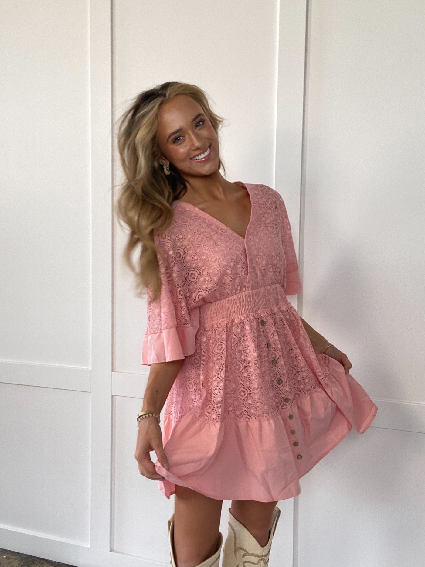 PREORDER: Hope Ruffle Hem Lace Mini Dress