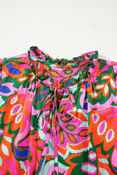 Rose Summer Plant Print Lace up V-Neck Short Sleeve Blouse