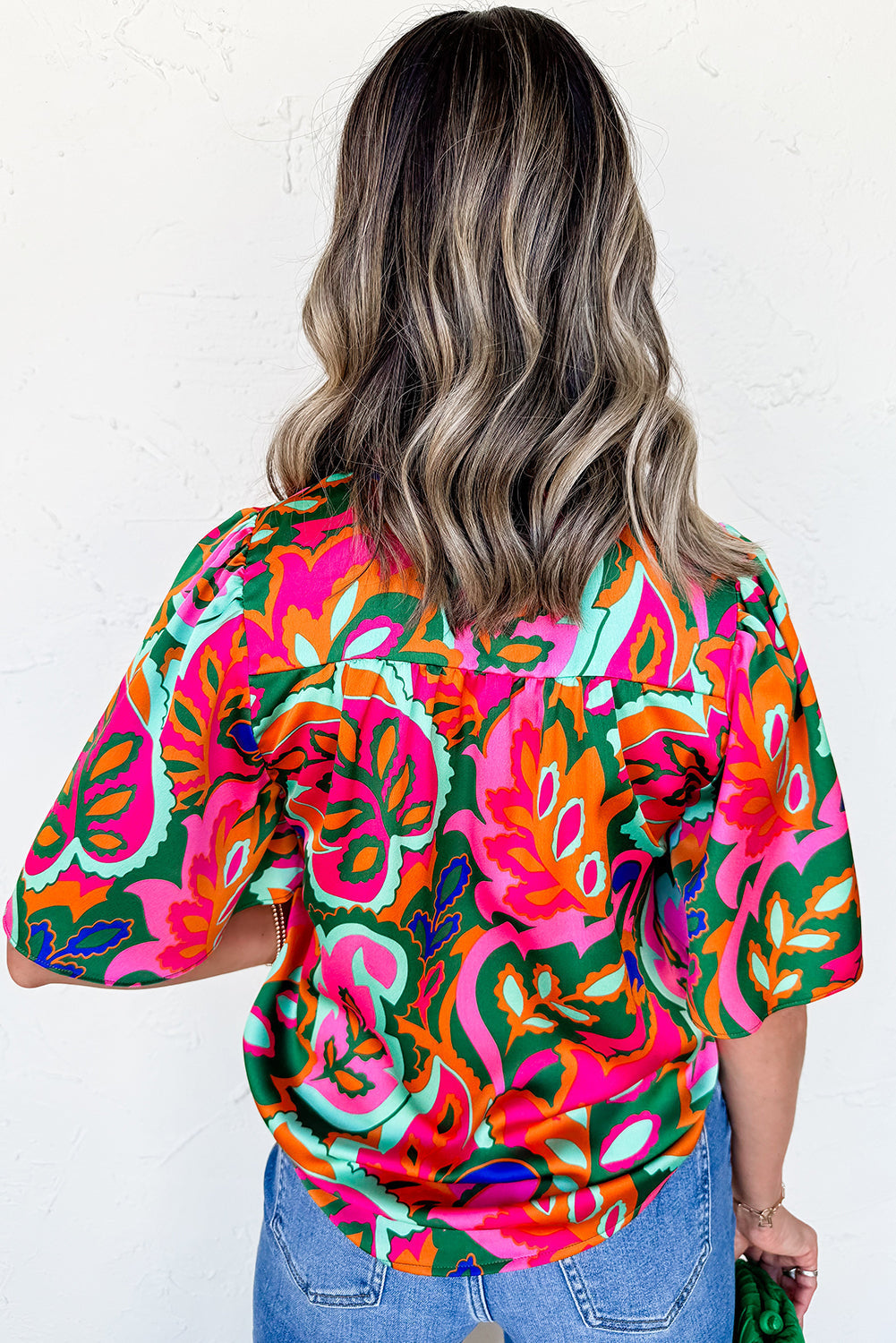 Rose Summer Plant Print Lace up V-Neck Short Sleeve Blouse