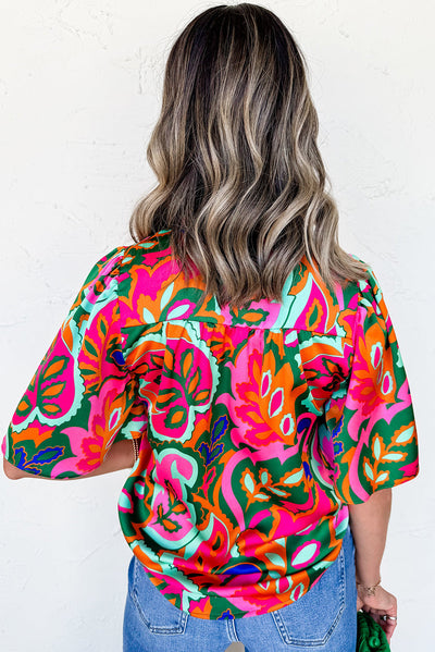 Rose Summer Plant Print Lace up V-Neck Short Sleeve Blouse
