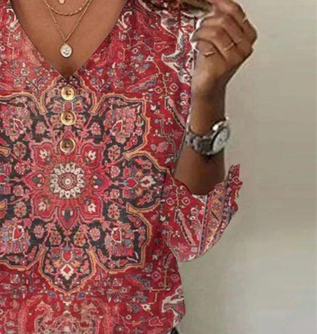 Women's V-Neck Floral Blouse with Flowing Sleeves